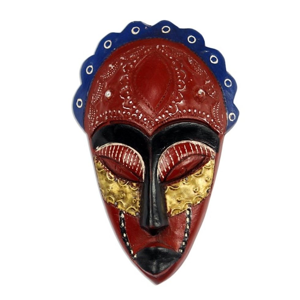 African Wood Mask in Red with Embossed Accents from Ghana 'Red Alheri'