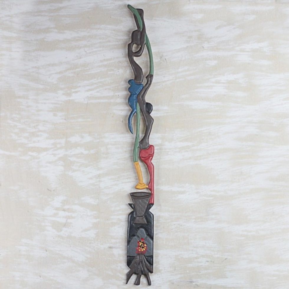 Wood Wall Sculpture of African Cooks from Ghana 'Brewed in an African Kitchen'