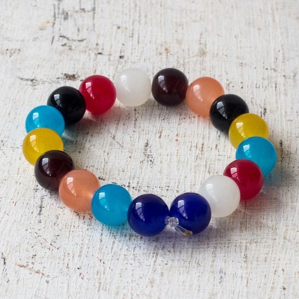 Colorful Recycled Glass Beaded Stretch Bracelet from Ghana 'Rainbow Nkunim'