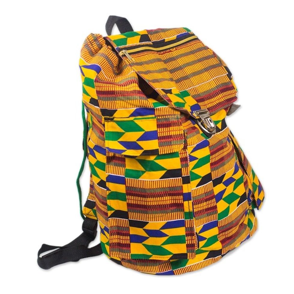 Kente Print Cotton Backpack from Ghana 'Kente Journey'