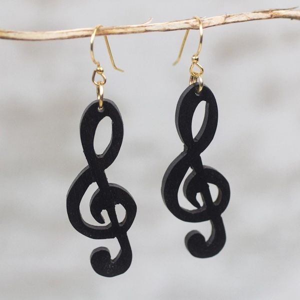 Alternate image for Handcrafted Treble Clef Motif Ebony Wood Dangle Earrings Double Treble