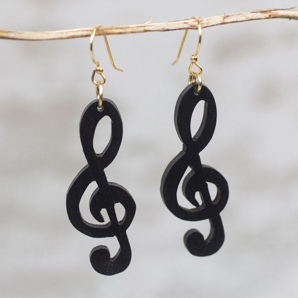 Handcrafted Treble Clef Motif Ebony Wood Dangle Earrings 'Double Treble'