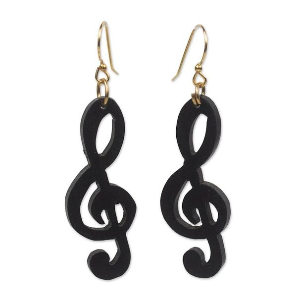 Alternate image for Handcrafted Treble Clef Motif Ebony Wood Dangle Earrings Double Treble