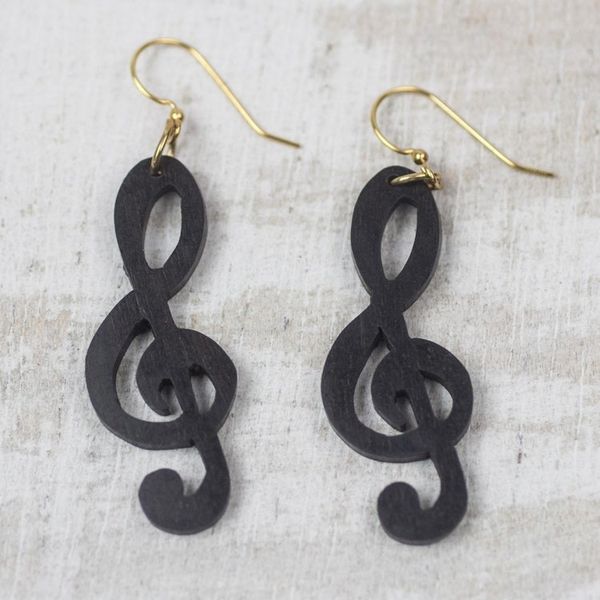 Alternate image for Handcrafted Treble Clef Motif Ebony Wood Dangle Earrings Double Treble