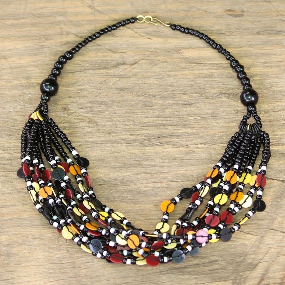 Black-Red-Yellow Ghanaian Necklace of Recycled Beads 'Bright Ghanaian Thank You'