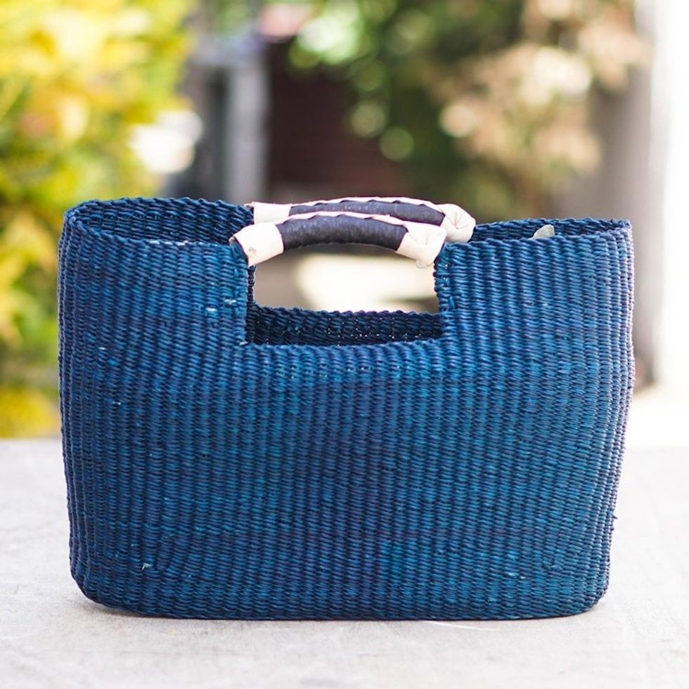Blue Raffia and Leather Handle Handbag 'Saturday Market in Blue'