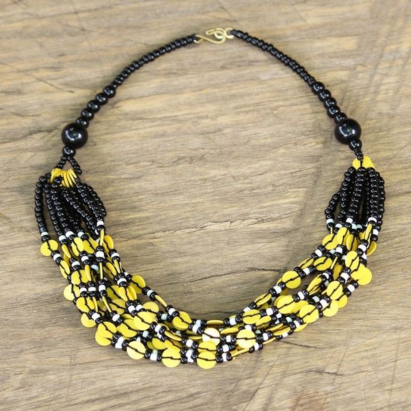 Alternate image for Black and Yellow Ghanaian Necklace of Recycled Beads Yellow Ghanaian Thank You