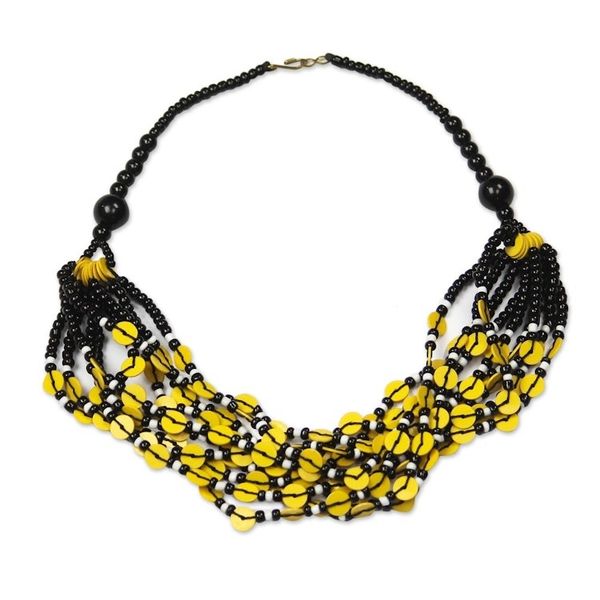 Alternate image for Black and Yellow Ghanaian Necklace of Recycled Beads Yellow Ghanaian Thank You