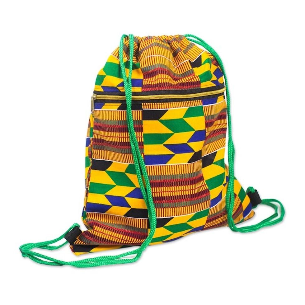 Kente-Inspired Cotton Print Drawstring Backpack with Pocket 'Kente Patches'