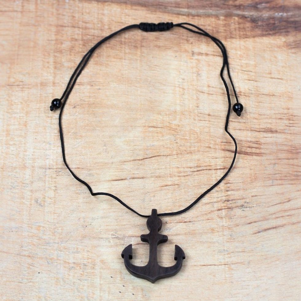 Ebony Wood Anchor Pendant Necklace from Ghana 'Nautical Anchor'
