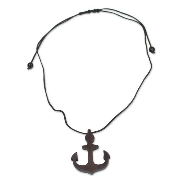 Alternate image for Ebony Wood Anchor Pendant Necklace from Ghana Nautical Anchor