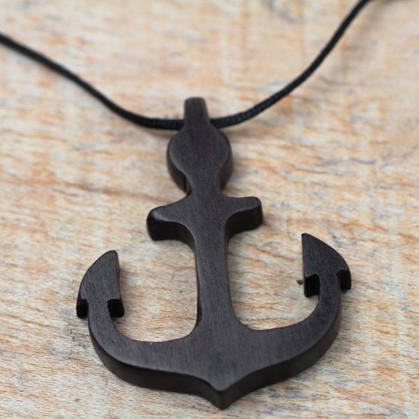 Alternate image for Ebony Wood Anchor Pendant Necklace from Ghana Nautical Anchor