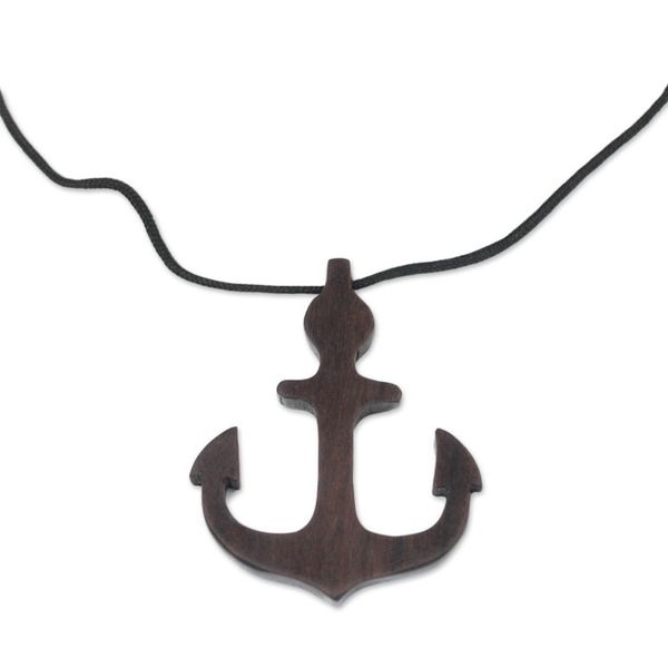 Alternate image for Ebony Wood Anchor Pendant Necklace from Ghana Nautical Anchor