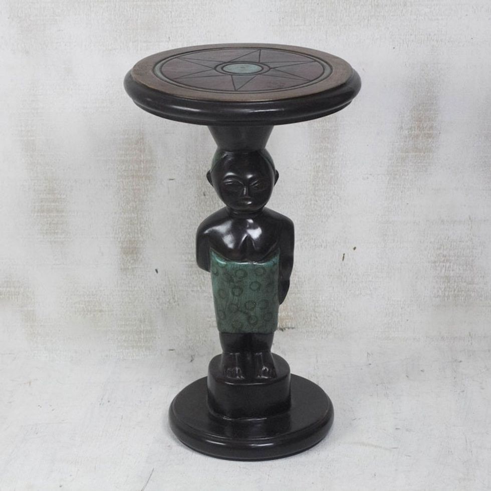 Cedar Wood Mother and Child Accent Table from Ghana 'Hardworking Mother'