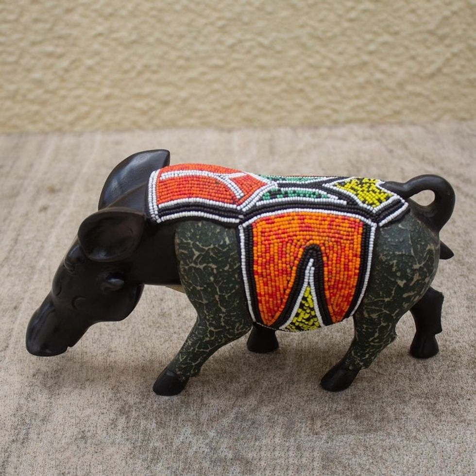 Hand Crafted Ebony Wood and Glass Bead Sculpture 'Warthog'