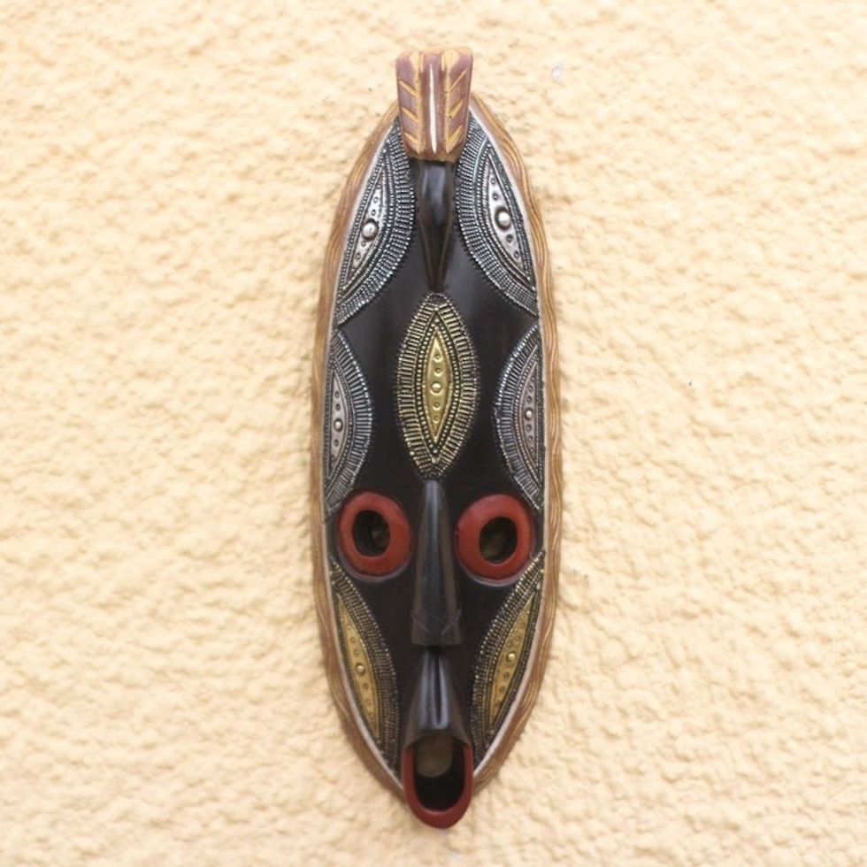 African Wood Mask Accented with Aluminum and Brass 'Perched Bird'