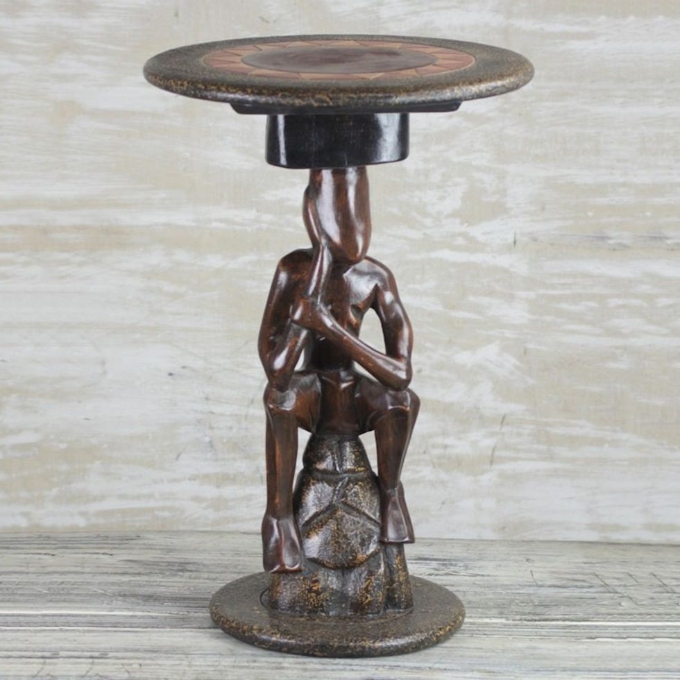 Cedar Wood Accent Table of a Sitting Man from Ghana 'Thoughtful Man'