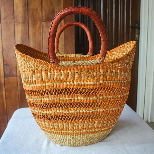 Alternate image for African Artisan Made Raffia Basket Tote Bawku Orange
