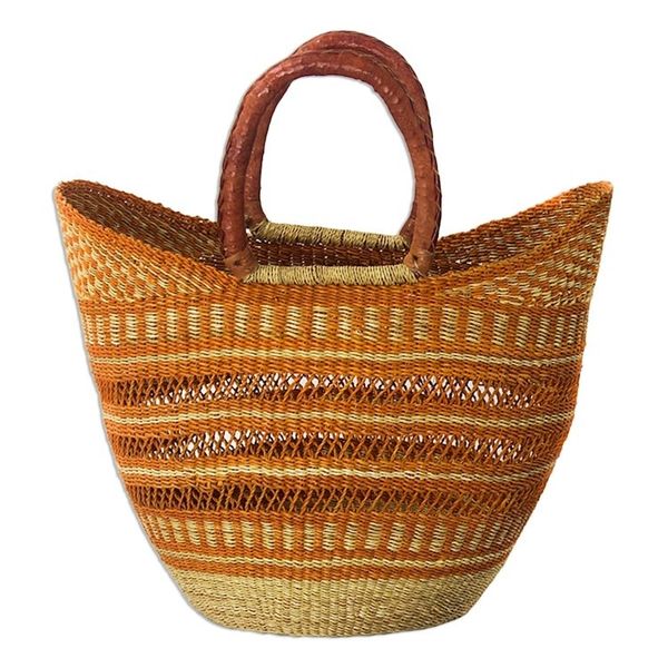 Alternate image for African Artisan Made Raffia Basket Tote Bawku Orange