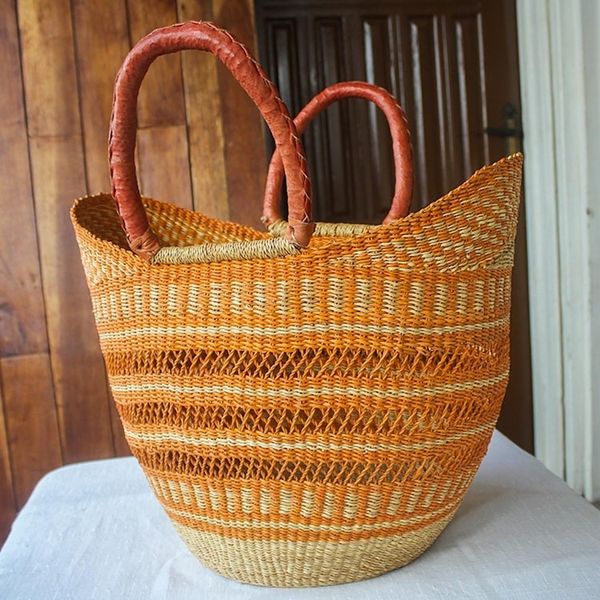 Alternate image for African Artisan Made Raffia Basket Tote Bawku Orange