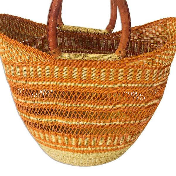 Alternate image for African Artisan Made Raffia Basket Tote Bawku Orange