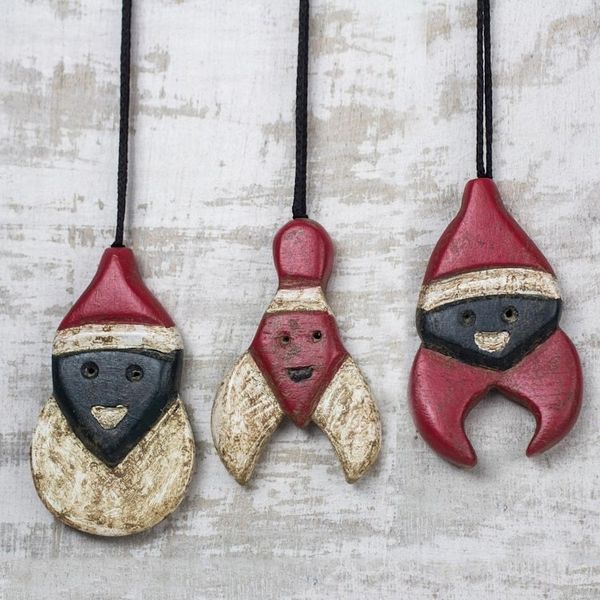 Alternate image for Wood Santa Claus Ornaments from Ghana Set of 3 Father Christmas