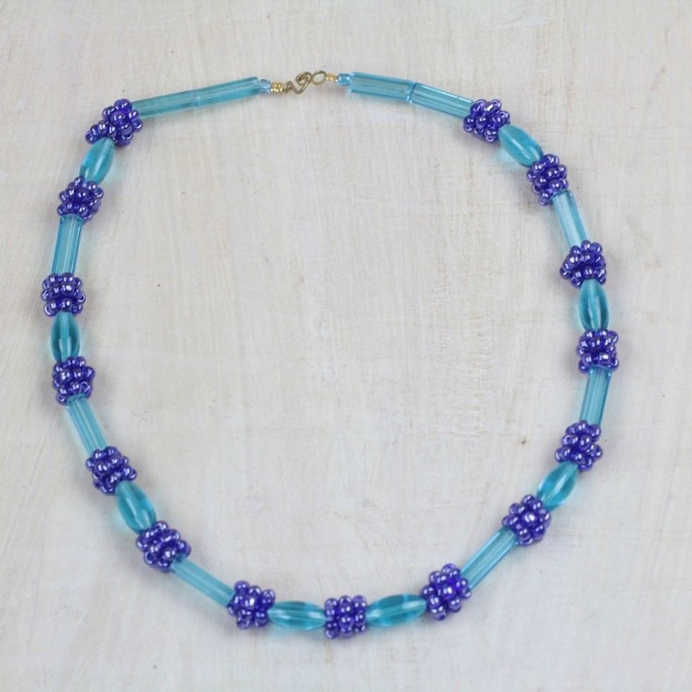 Recycled Glass Beaded Necklace in Blue from Ghana 'Joyful Blue'