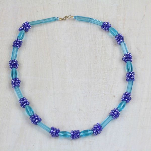 Alternate image for Recycled Glass Beaded Necklace in Blue from Ghana Joyful Blue