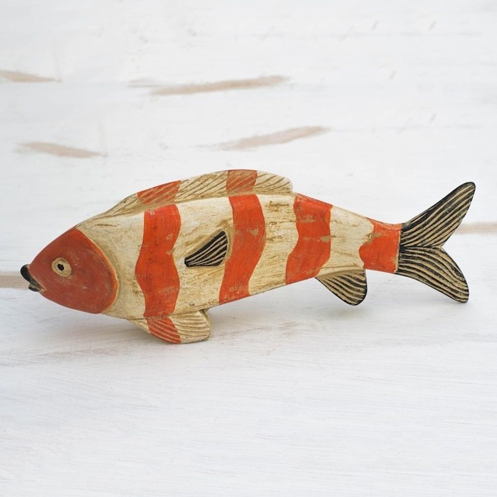 Rustic Sese Wood Sculpture of a Striped Fish from Ghana 'Striped Fish'