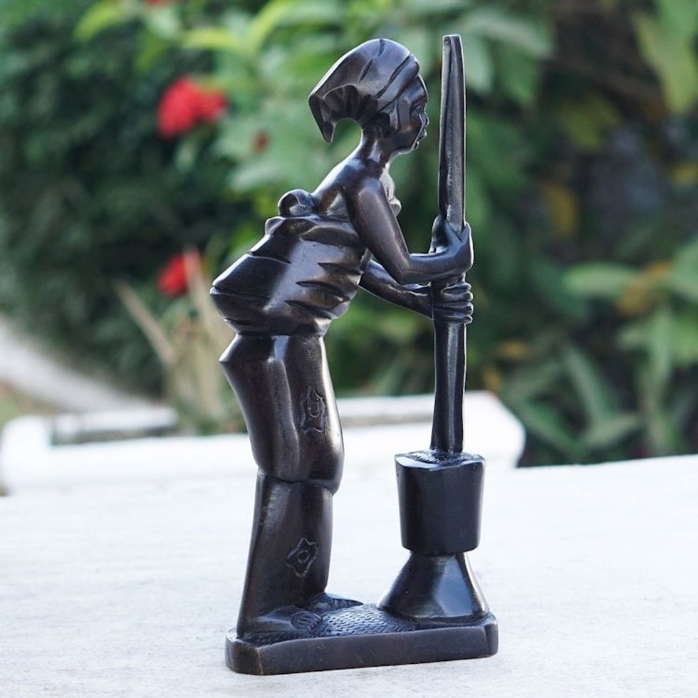Artisan Crafted Ebony Wood Sculpture 'Hardworking Mother I'