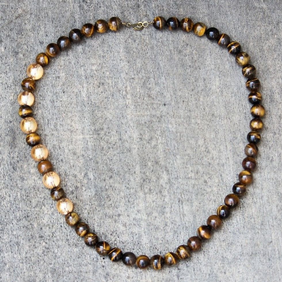 Tiger's Eye and Recycled Glass Beaded Long Necklace 'Dromo Earth'