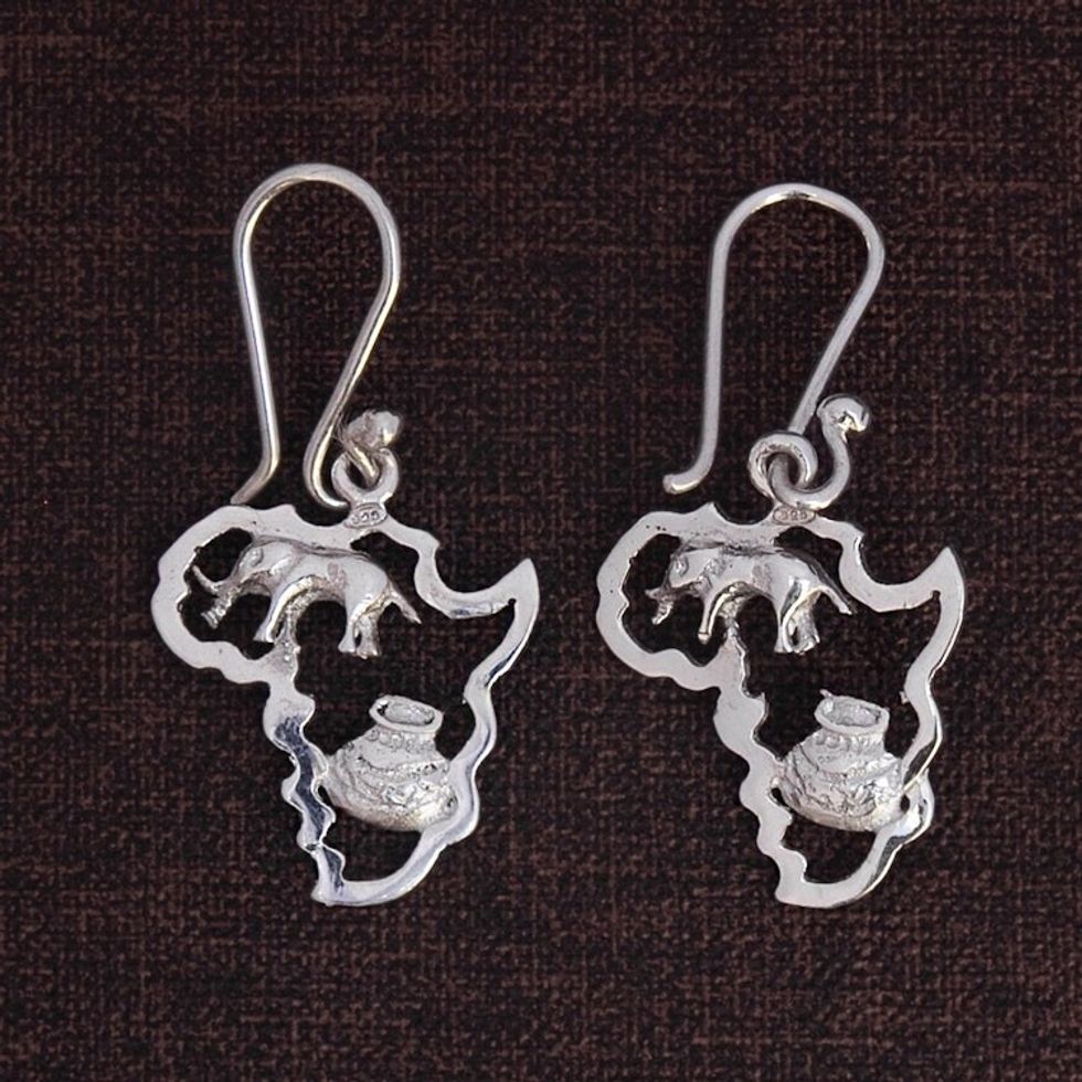 Sterling Silver Earrings of African Continent 1.8 inch 'Africa's Treasure'