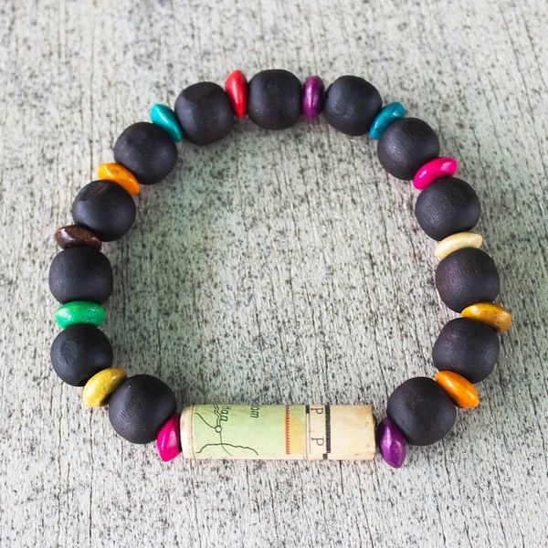 Alternate image for Unisex Sese Wood Bracelet with Recycled World Map Bead Seize the Day