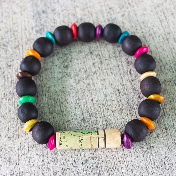 Alternate image for Unisex Sese Wood Bracelet with Recycled World Map Bead Seize the Day