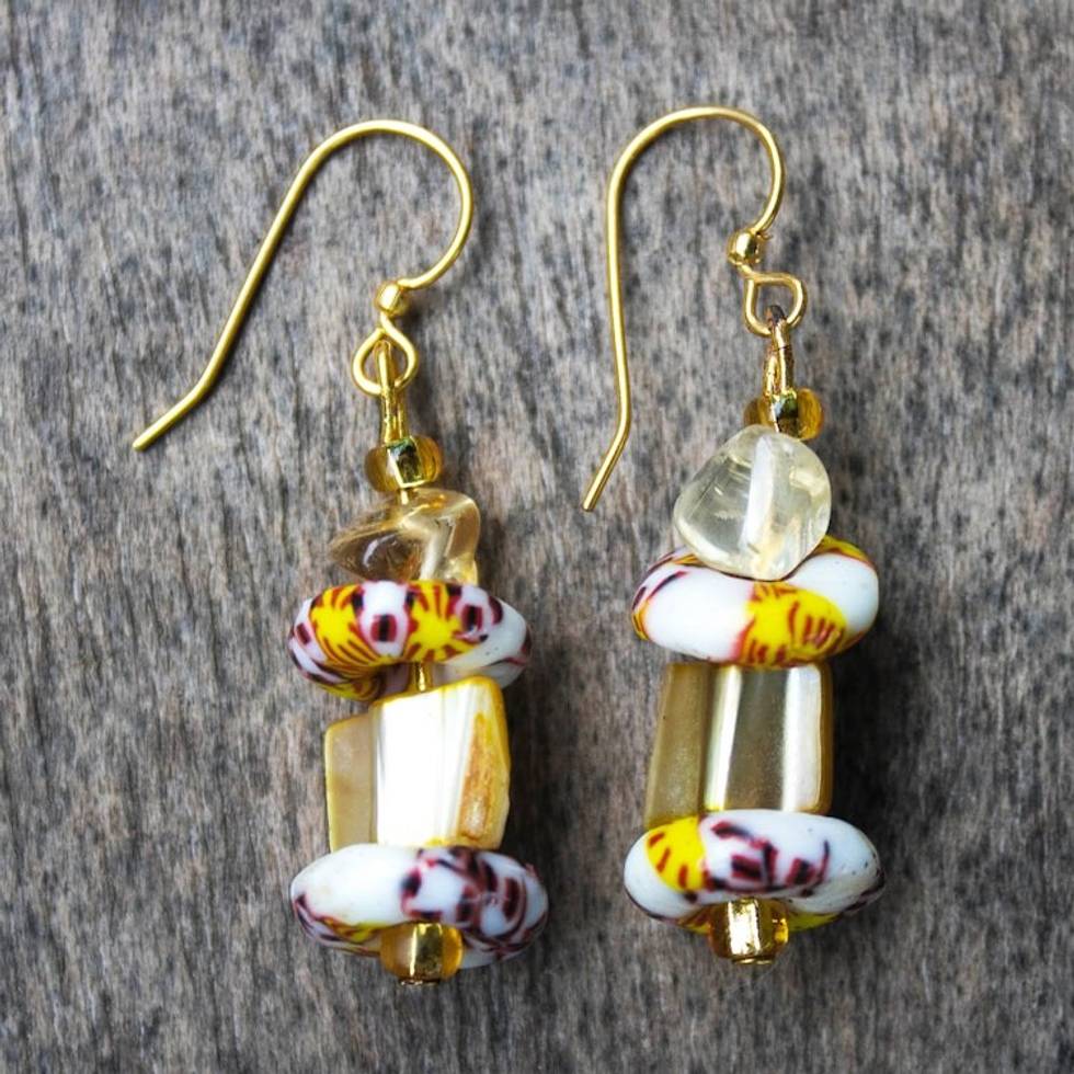 Agate and Recycled Glass Bead Dangle Earrings 'Nuku'