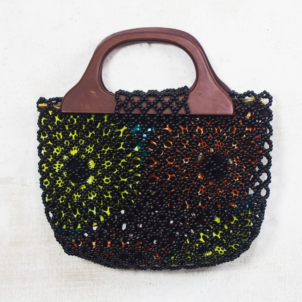 Black Glass Beaded Handle Handbag from Ghana 'Love Beads'