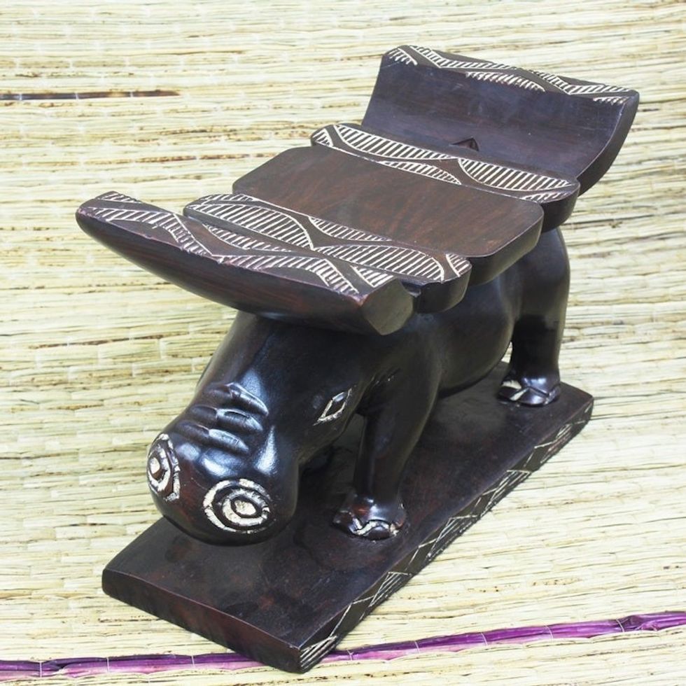 West African Animal Theme Throne Ottoman 'Ashanti Hippopotamus'