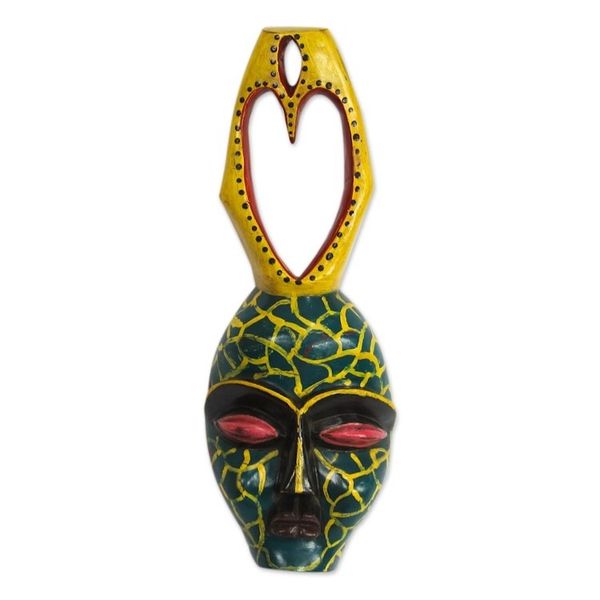 Alternate image for Yellow and Green Heart-Themed African Wood Mask from Ghana Yellow Veins
