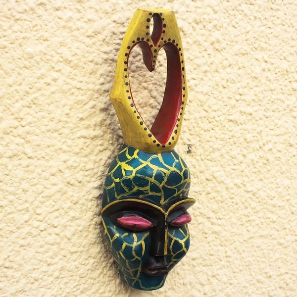 Alternate image for Yellow and Green Heart-Themed African Wood Mask from Ghana Yellow Veins