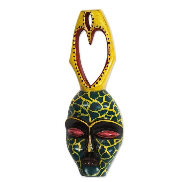 Alternate image for Yellow and Green Heart-Themed African Wood Mask from Ghana Yellow Veins