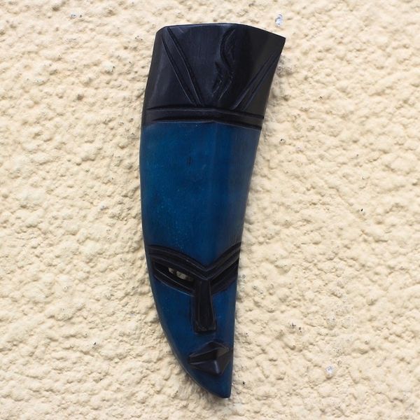 Alternate image for Curved African Sese Wood Mask in Blue from Ghana Banana Face