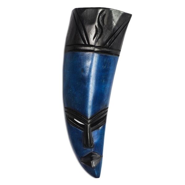 Alternate image for Curved African Sese Wood Mask in Blue from Ghana Banana Face