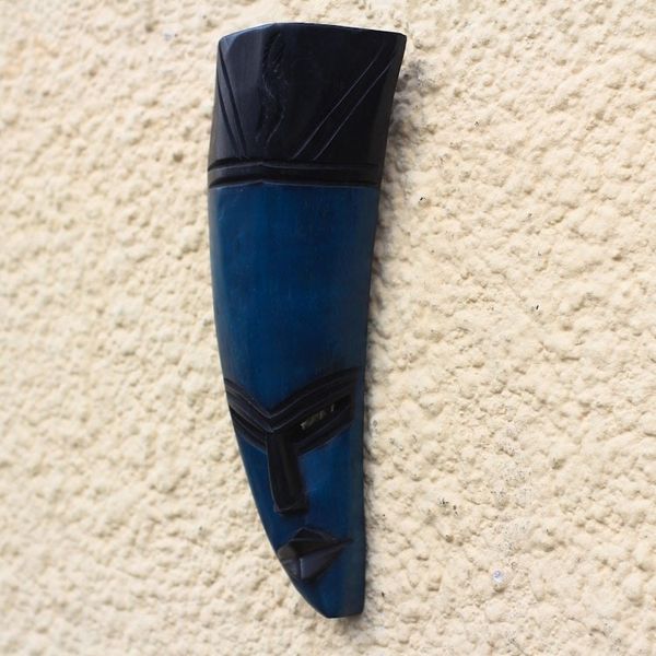 Alternate image for Curved African Sese Wood Mask in Blue from Ghana Banana Face