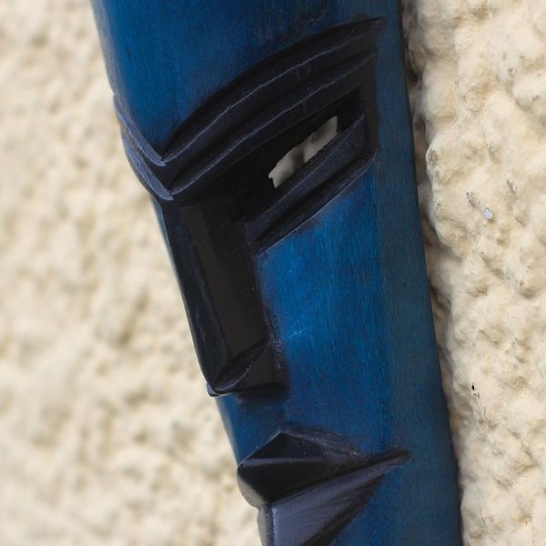 Alternate image for Curved African Sese Wood Mask in Blue from Ghana Banana Face