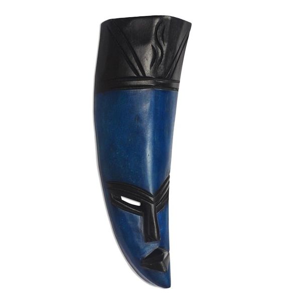 Alternate image for Curved African Sese Wood Mask in Blue from Ghana Banana Face