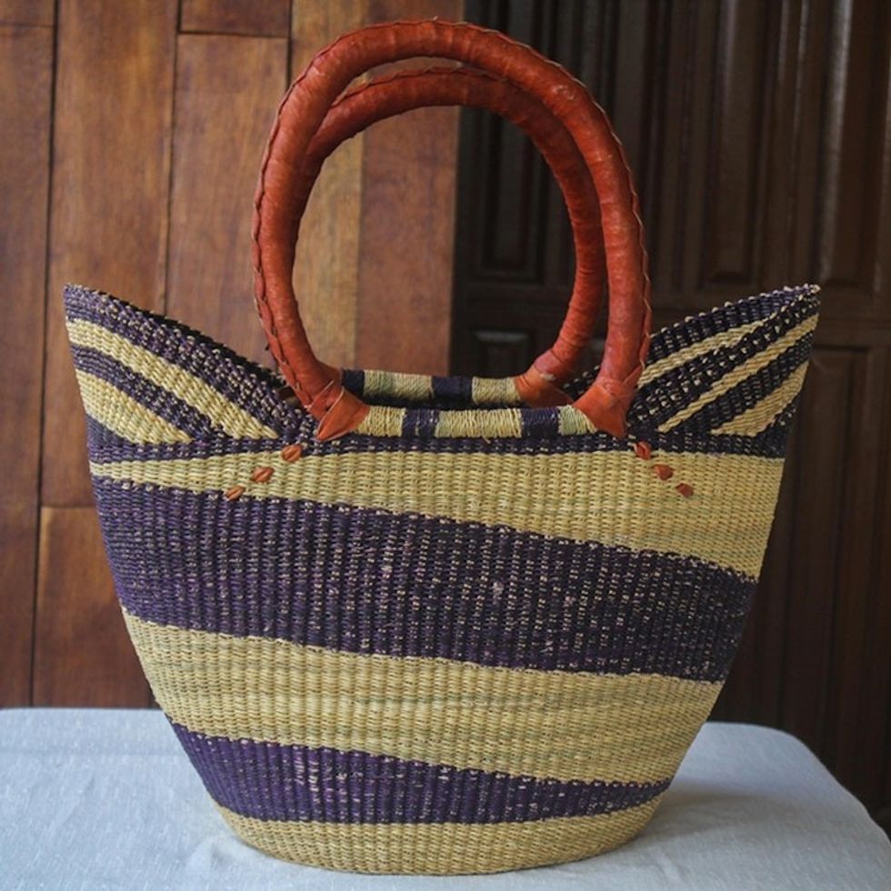 Artisan Crafted Purple Striped Raffia Basket Tote Bag 'Bawku Blue-Violet'