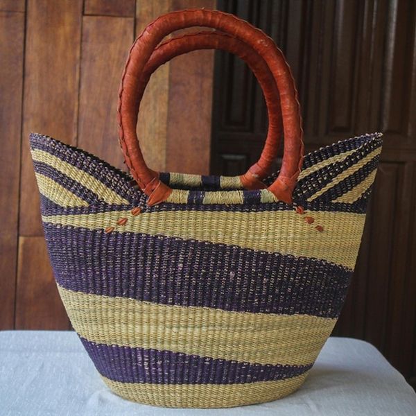 Alternate image for Artisan Crafted Purple Striped Raffia Basket Tote Bag Bawku Blue-Violet