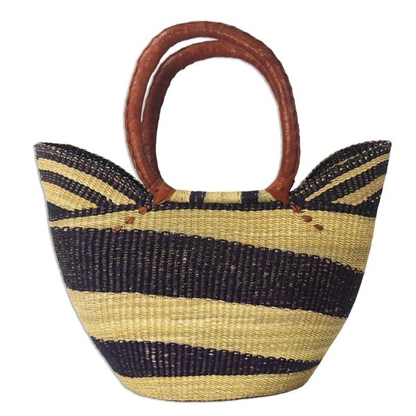 Alternate image for Artisan Crafted Purple Striped Raffia Basket Tote Bag Bawku Blue-Violet