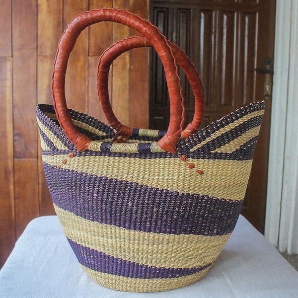 Alternate image for Artisan Crafted Purple Striped Raffia Basket Tote Bag Bawku Blue-Violet