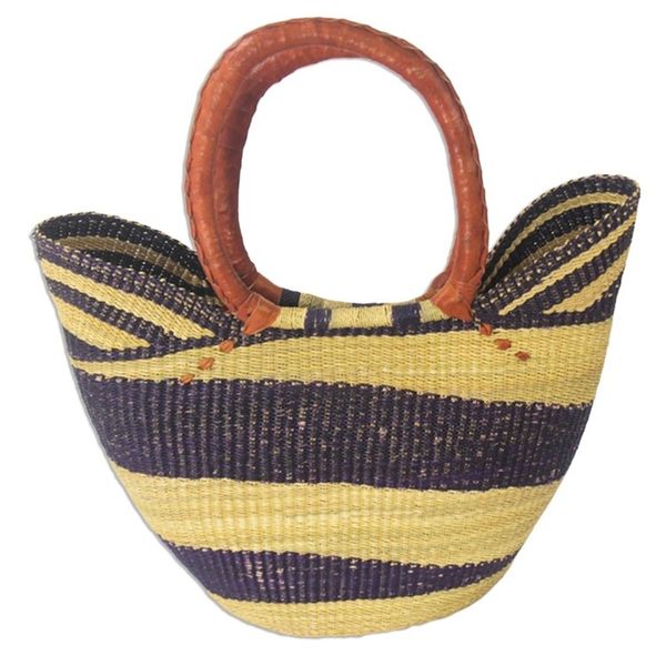 Alternate image for Artisan Crafted Purple Striped Raffia Basket Tote Bag Bawku Blue-Violet